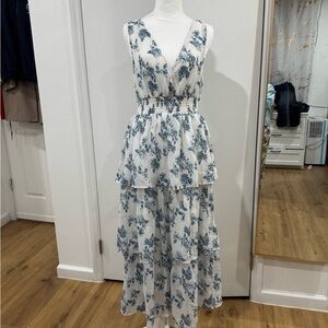 Sleeveless White Maxi Dress with Blue Floral Print